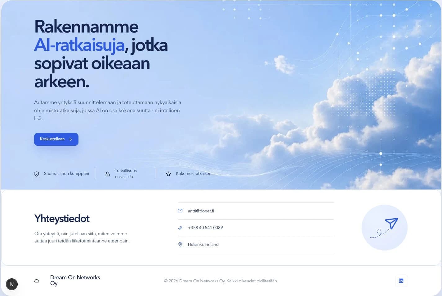 Dream On Networks Oy:n verkkosivuston työpöytänäkymä